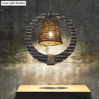 Vintage Rattan Pendant Light: Black Cone Suspension Lamp with Hemp Rope and Wood Accent