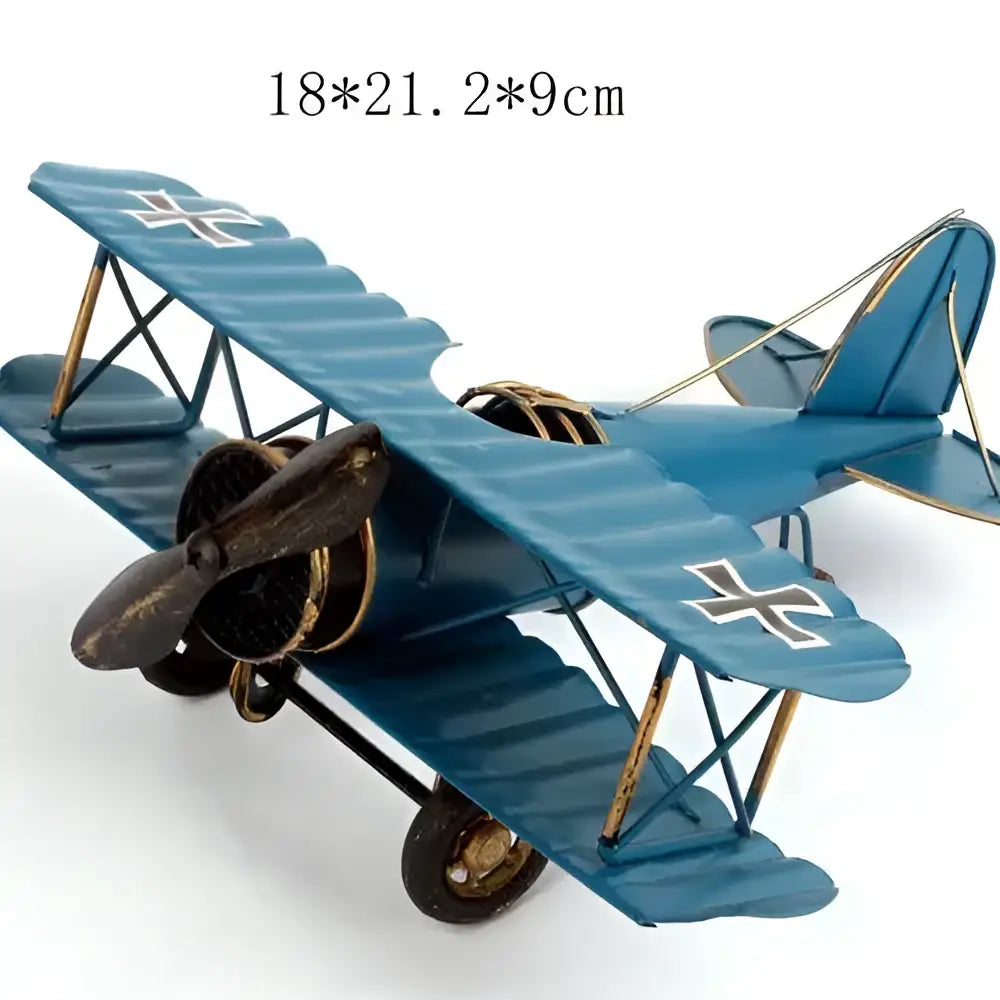 Blue metal iron airplane figurine with black and white crosses vintage decorbites iron airplane bedroom decor