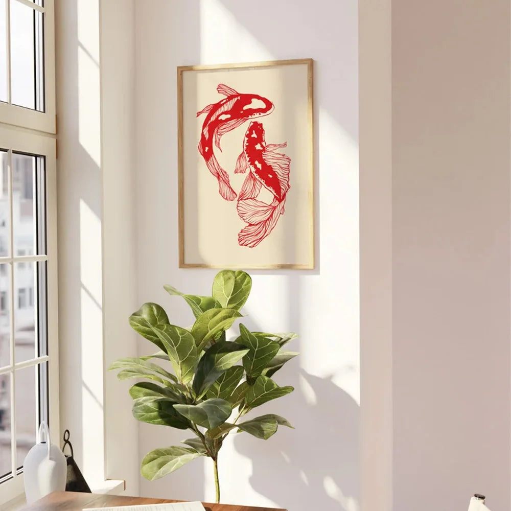 Vintage Red Koi Fish Canvas Wall Art