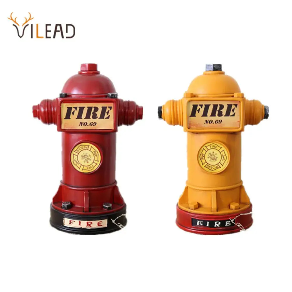 Vintage red and yellow hydrant piggy bank figurines with fire no 69 metal detailing and glossy finish for living room decor
