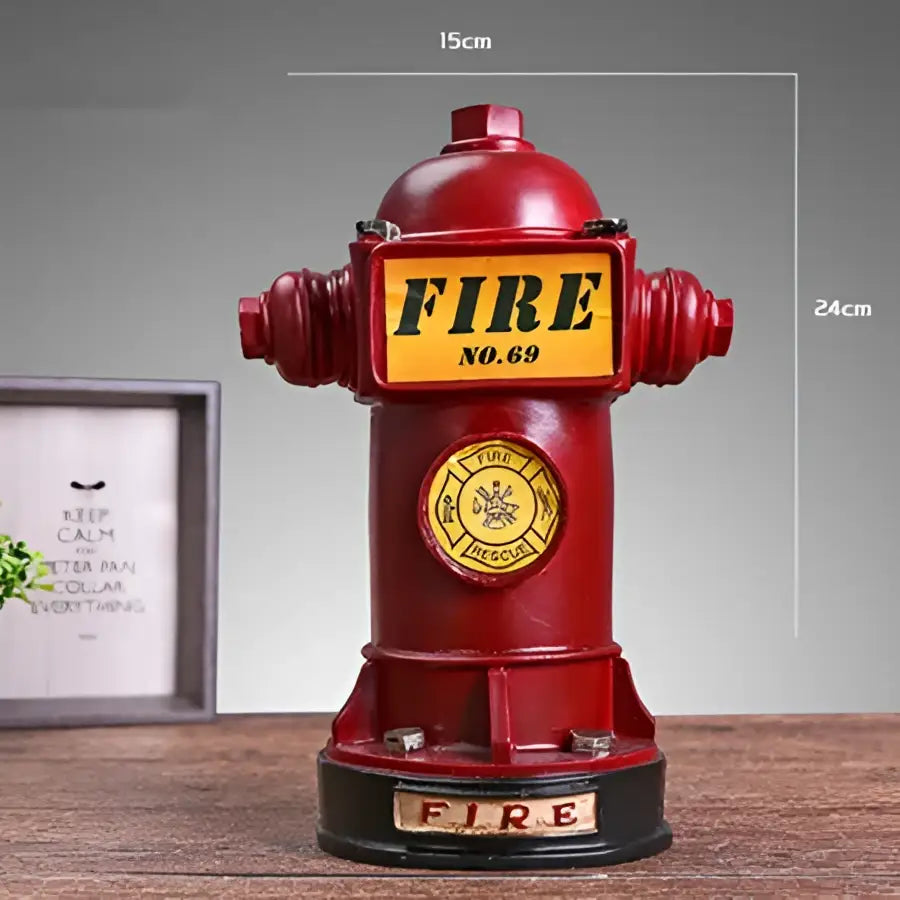 Vintage red and yellow hydrant piggy bank with fire no 69 plaque and black base for living room decor
