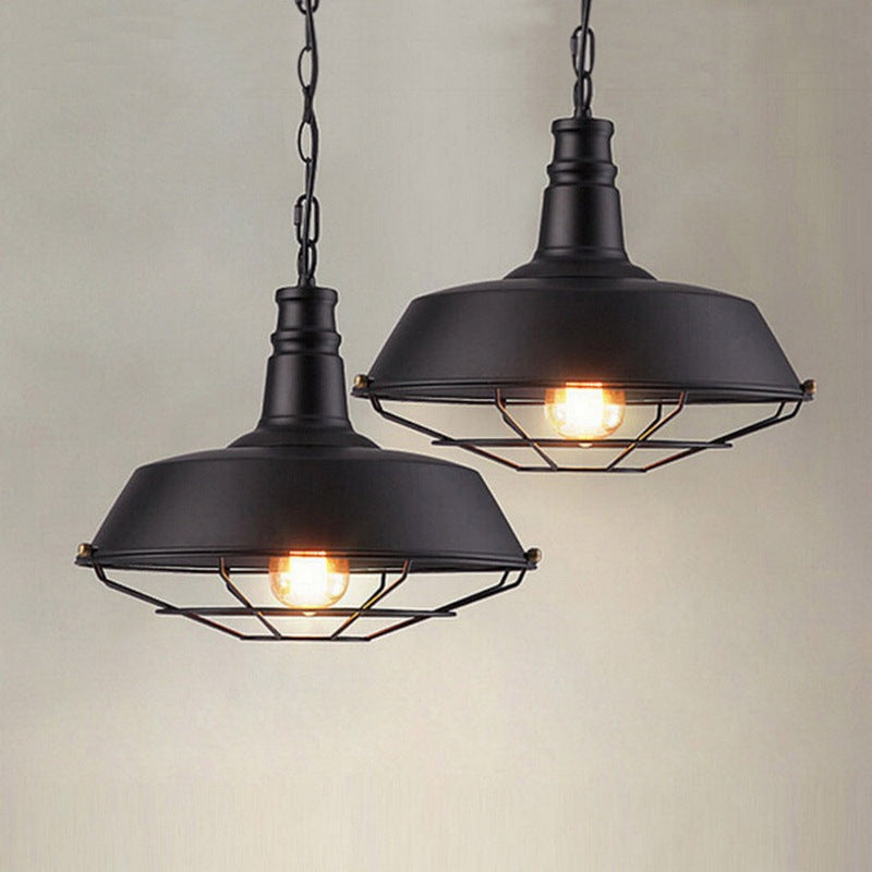 Black vintage retro ceiling lamp with metal cage design and exposed bulb ideal for living rooms and retro ceiling decor