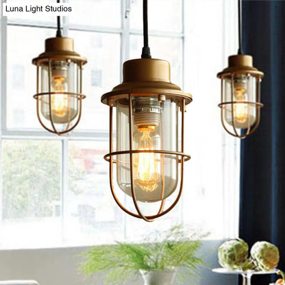 Vintage Retro Style Clear Glass Brass Caged Pendant Light with 1 Bulb