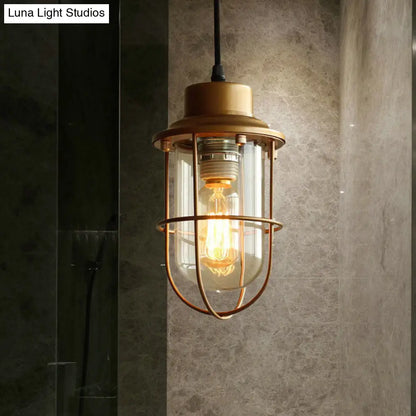 Vintage Retro Style Clear Glass Brass Caged Pendant Light with 1 Bulb