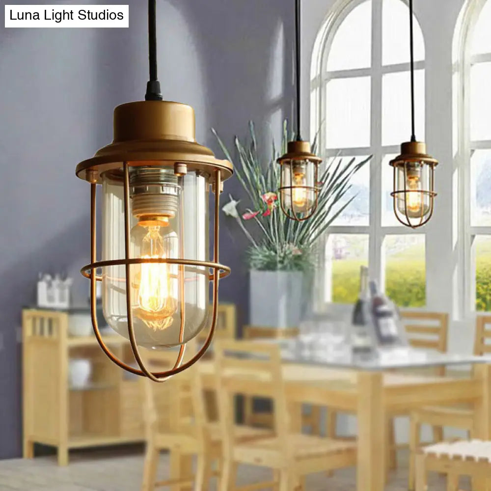 Vintage Retro Style Clear Glass Brass Caged Pendant Light with 1 Bulb