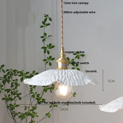 White ceramic pendant lights with a fluted petal design and brass copper socket from decorbites ceramic wood led set