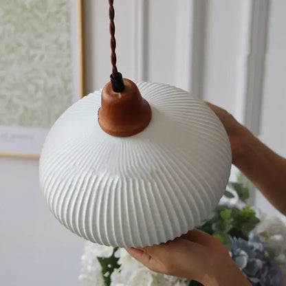 Vintage ribbed ceramic wood led pendant lights with white ribbed ceramic shade and warm brown wooden finial by decorbites