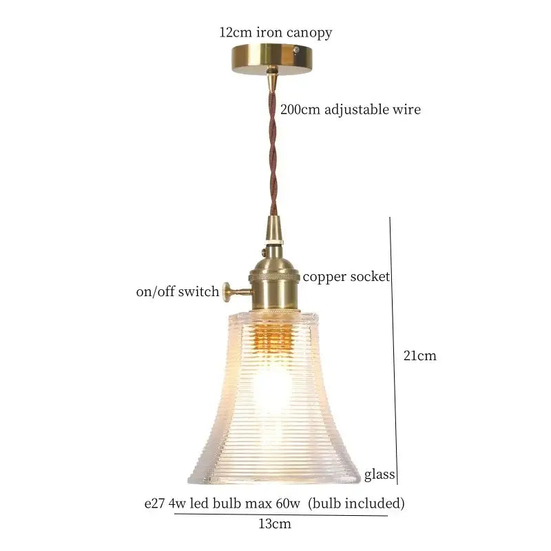 Vintage ribbed clear glass led pendant light with brass fixture and adjustable copper wire suspension for kitchen decorbites clear glass