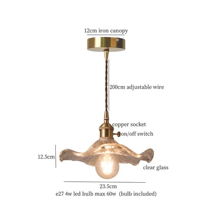 Vintage ribbed clear glass led pendant light with brass iron canopy and copper socket featuring decorbites clear glass shade
