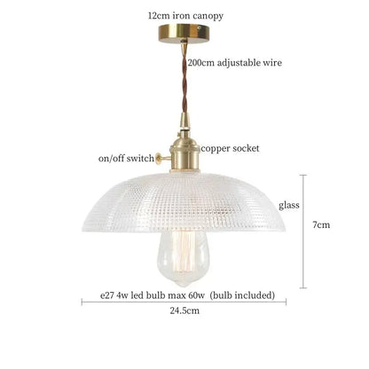 Vintage ribbed clear glass led pendant light with brass finish, iron canopy, copper socket, and braided wire by decorbites
