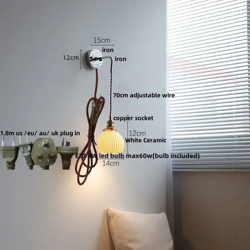 White ceramic led wall sconce with ribbed glass shade brass copper socket iron bracket for vintage decorbites ceramic led lighting
