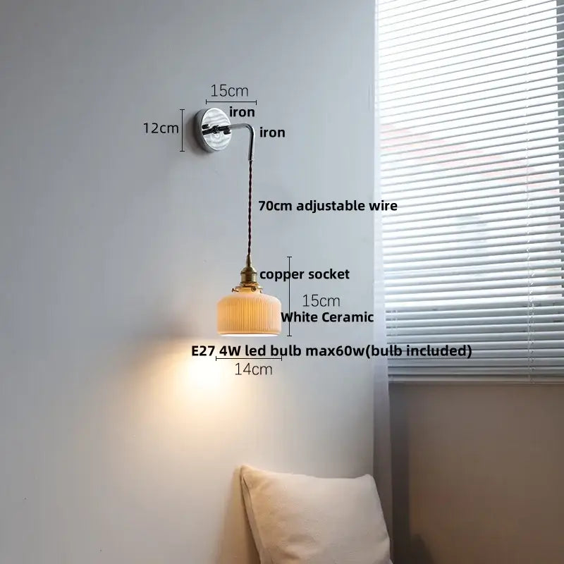 Vintage ribbed glass and brass wall sconce with white ceramic led shade copper socket and iron bracket decorbites ceramic led wall