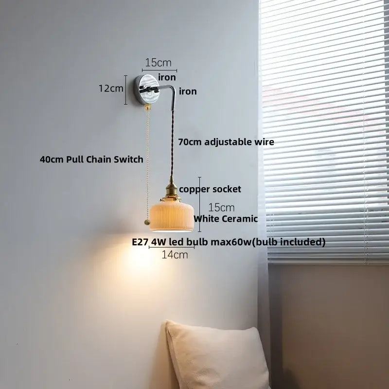 Vintage ribbed glass and brass wall sconce bathroom mirror light with white ceramic led shade and adjustable copper socket