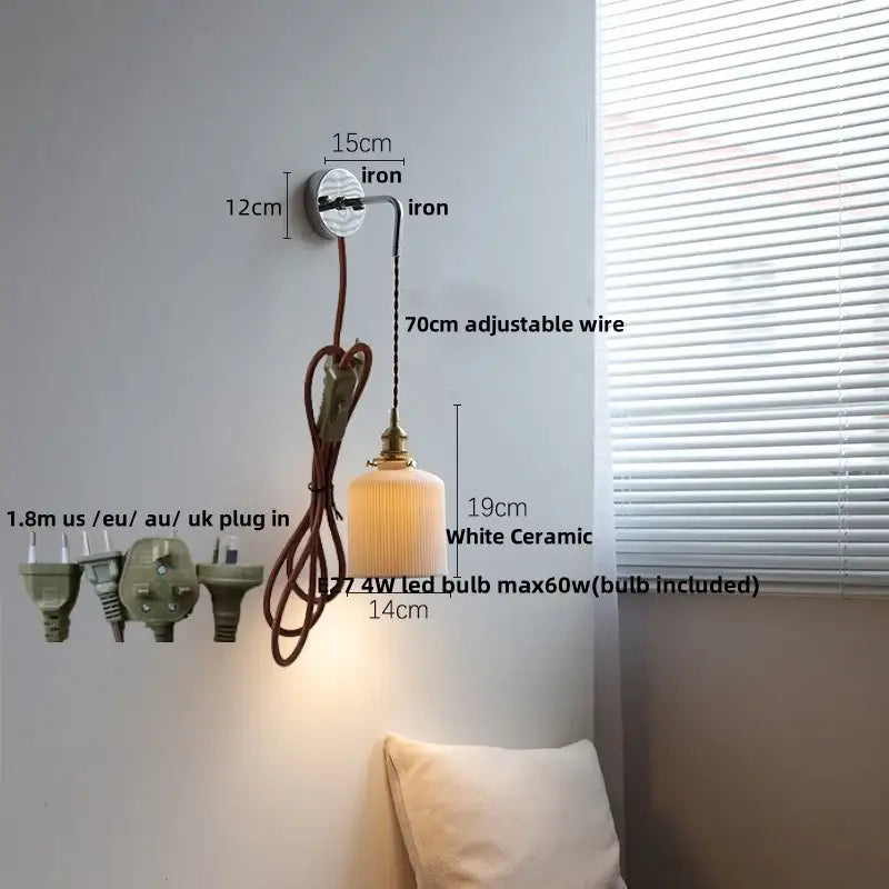 White ceramic led wall sconce with brass-finished fixture and adjustable wire vintage ribbed glass decorbites ceramic led