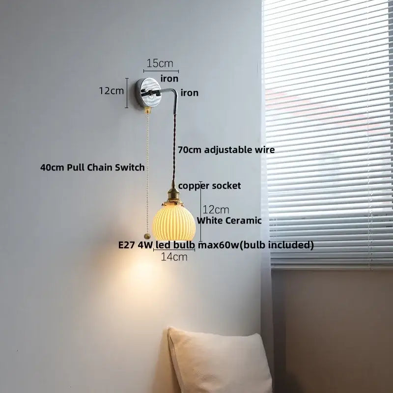 White ceramic led wall sconce with ribbed glass shade, brass accents, and adjustable copper wire for bathroom mirror decorbites ceramic led