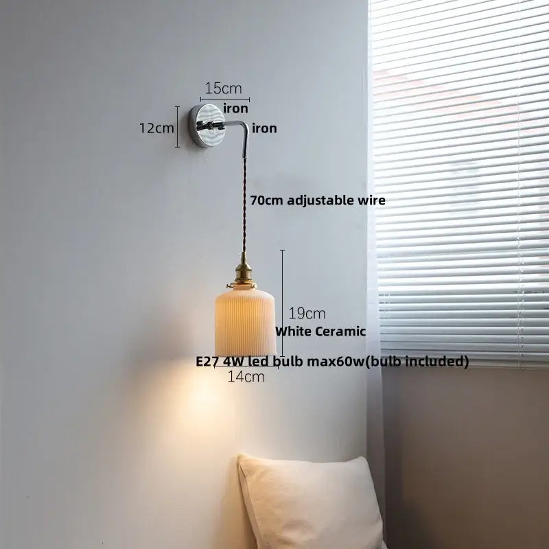 Vintage ribbed glass and brass wall sconce with white ceramic led shade and iron bracket for bathroom mirror decorbites ceramic led wall