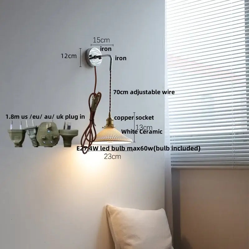 Vintage ribbed glass and brass wall sconce with white ceramic led shade and adjustable copper wire for decorbites ceramic led wall use