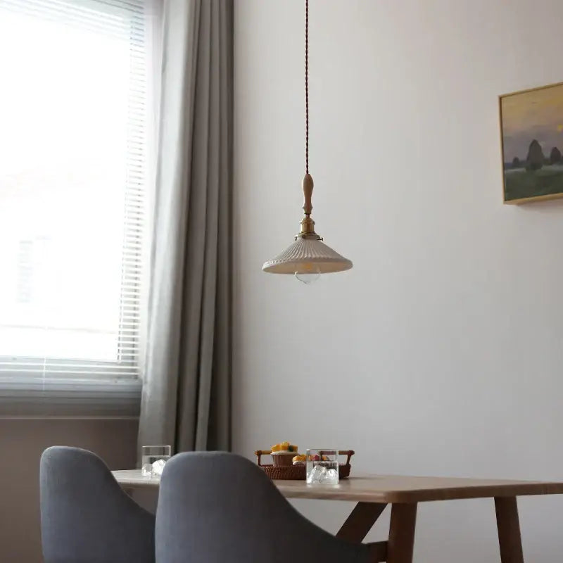 Vintage ribbed glass and wood pendant lights with brass accents and cream ceramic led pendant shade for kitchen decorbites ceramic led
