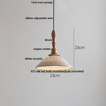 Vintage ribbed ceramic led pendant light with white textured ceramic shade copper socket and wooden handle decorbites pendant lights