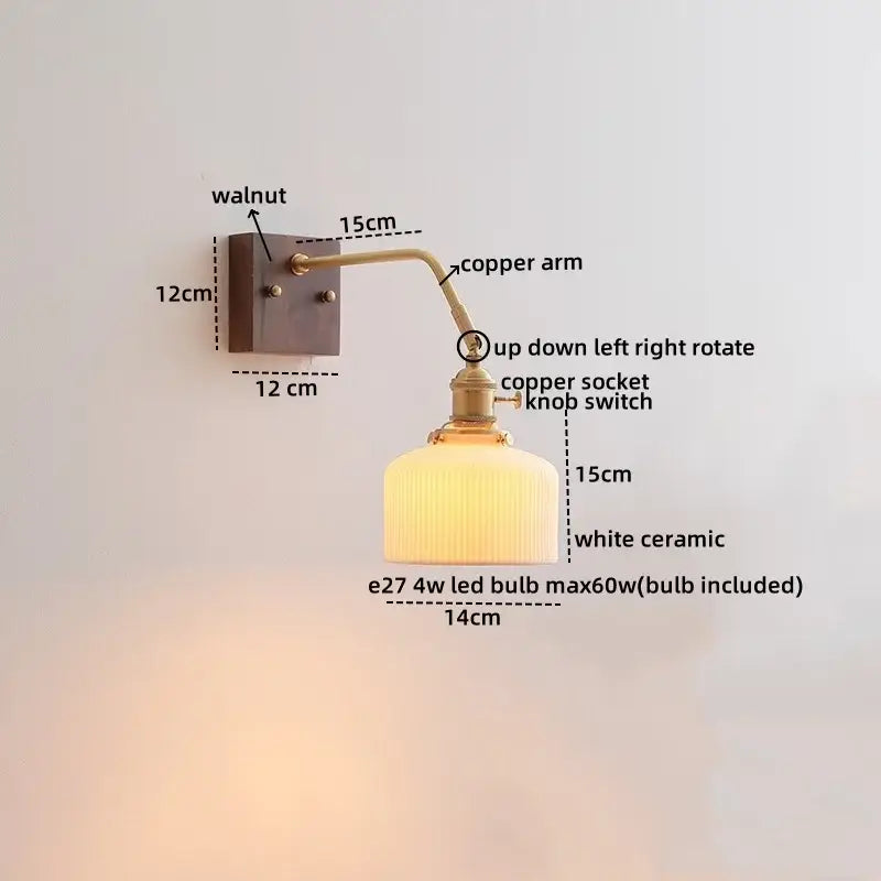 Vintage ribbed glass ceramic copper led wall lamp with walnut finish mounting plate for bedroom decorbites ceramic copper