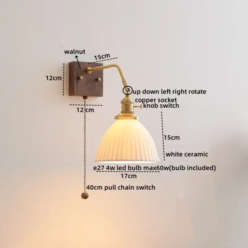 Vintage wall lamp with walnut base, brass articulated arm, white ceramic shade, and 4w led bulb for decorbites ceramic copper lighting