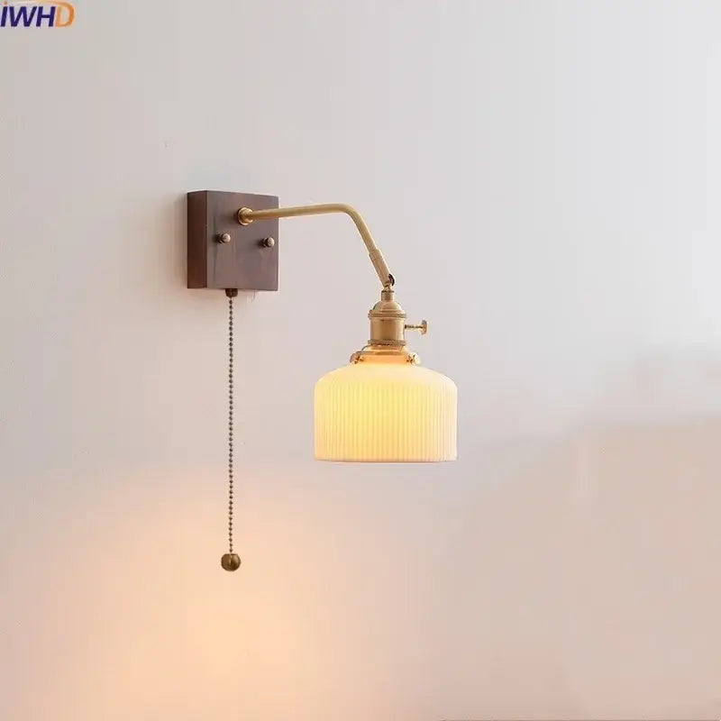 Vintage ribbed glass ceramic copper led wall lamp with brass finish and off-white shade ideal for bedroom decorbites wall lamps