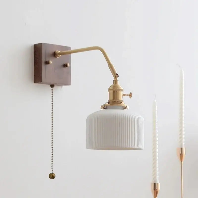 Vintage wall lamps with brass arm and white ribbed glass shade featuring decorbites ceramic copper led design