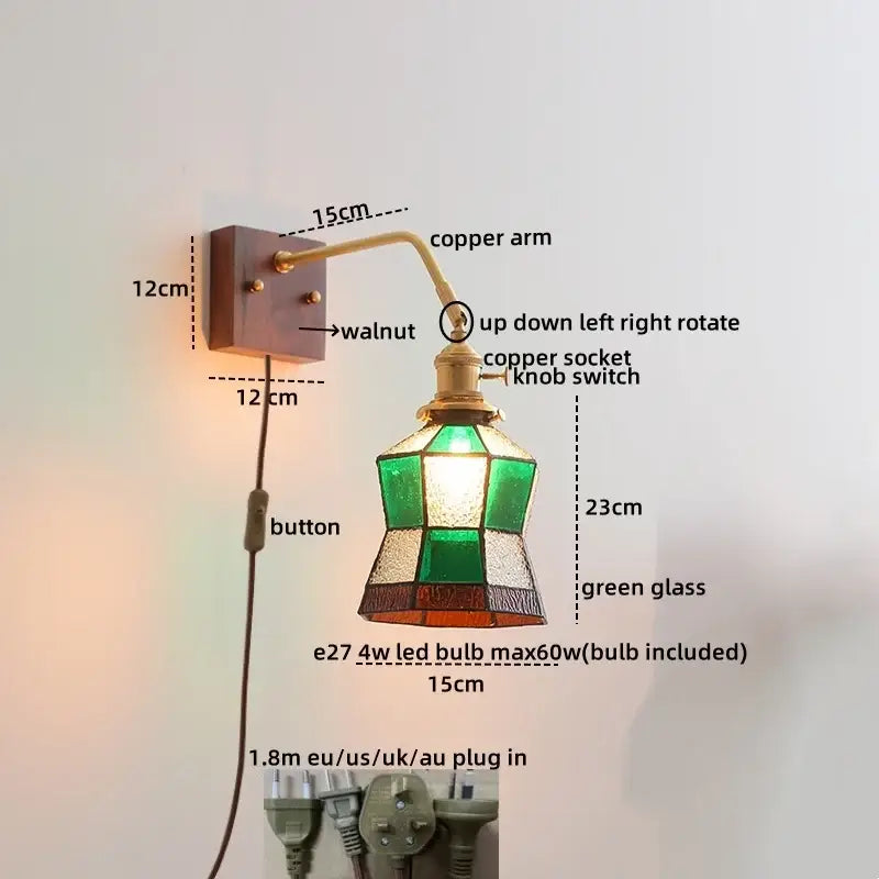 Vintage ribbed glass ceramic copper led wall lamp with copper arm walnut mount and green amber stained glass shade