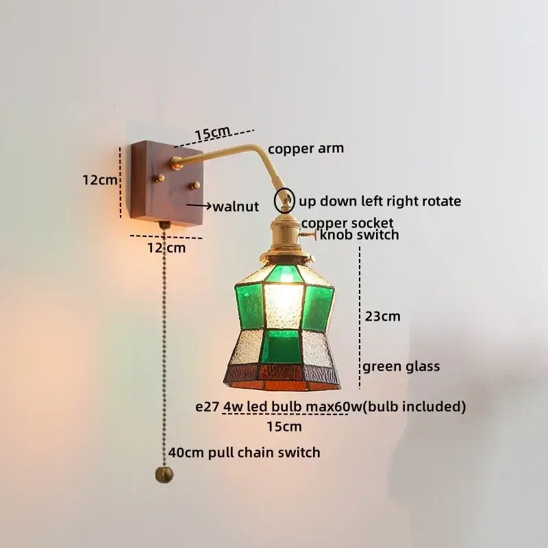 Vintage-style wall lamps with ceramic copper led, walnut mount, copper arm, and ribbed stained green glass shade decorbites ceramic copper