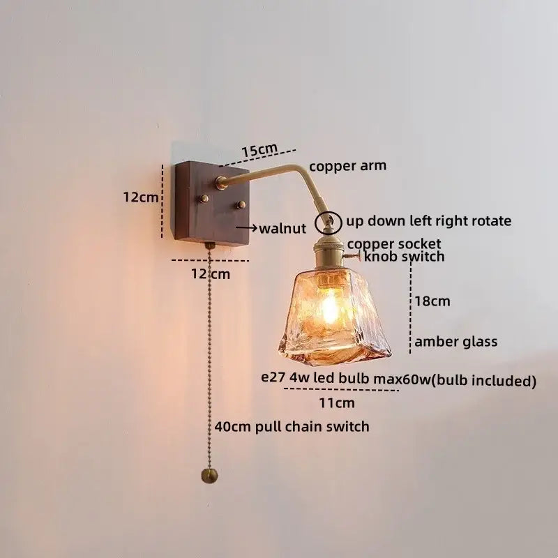Industrial-style wall lamps with dark walnut base, curved copper arm, and amber ribbed glass shade for decorbites ceramic copper led lighting