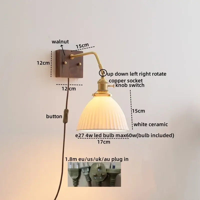 Vintage wall lamps with a walnut base, brass ceramic copper led socket, and white ceramic bell shade for decorbites ceramic copper use