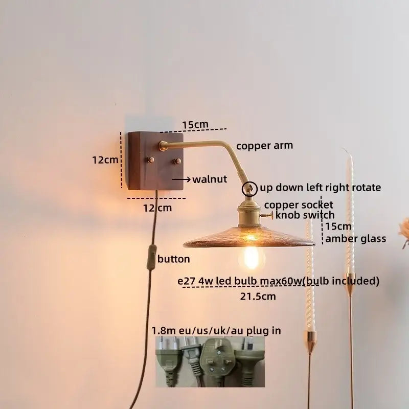 Vintage ceramic copper led wall lamps with copper-arm sconce amber glass shade and walnut mounting plate decorbites ceramic copper