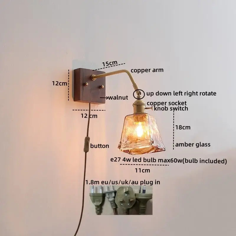Copper-arm wall lamp with faceted amber ribbed glass shade and walnut-finished mount by decorbites ceramic copper led