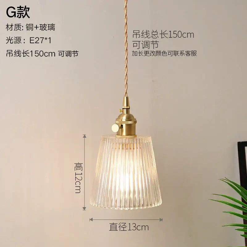 Vintage ribbed glass copper pendant light with brass finish and adjustable 150cm cord for kitchen dining room