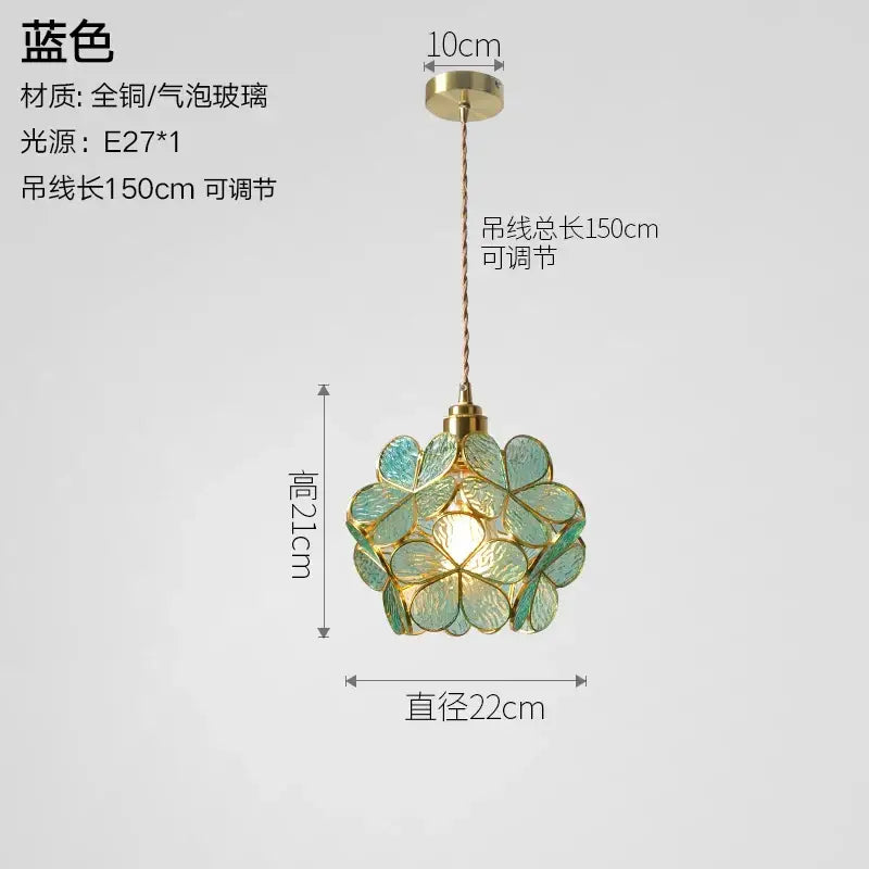 Blue bubble glass copper pendant light with brass finish floral design and adjustable 150cm chain for kitchen dining room