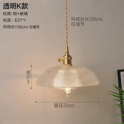 Vintage ribbed glass copper pendant light with transparent glass cover copper base and adjustable woven cable