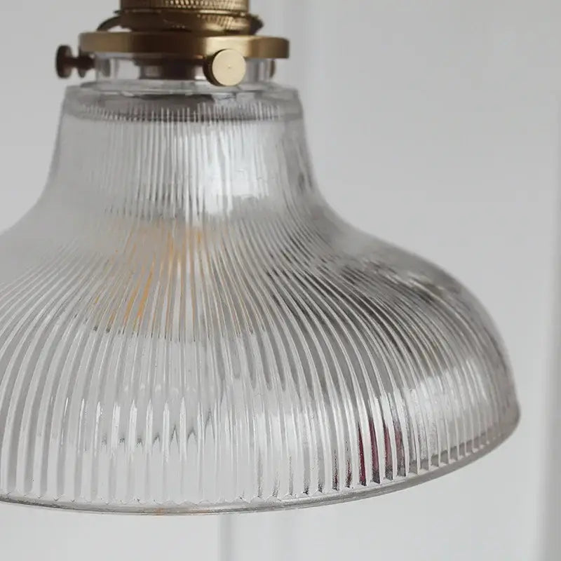 Vintage ribbed glass copper pendant light with clear ribbed glass and brass fixture for kitchen and dining room