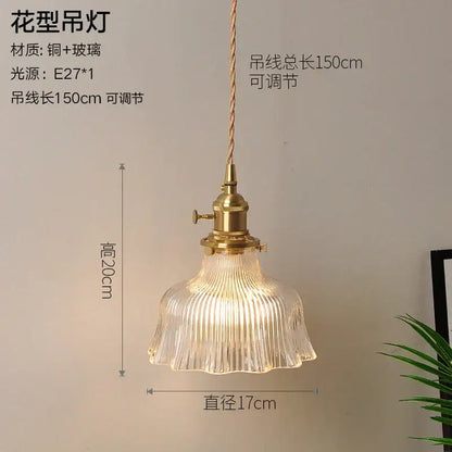 Vintage ribbed glass copper pendant light with brass fixture and clear flared shade for kitchen or dining room