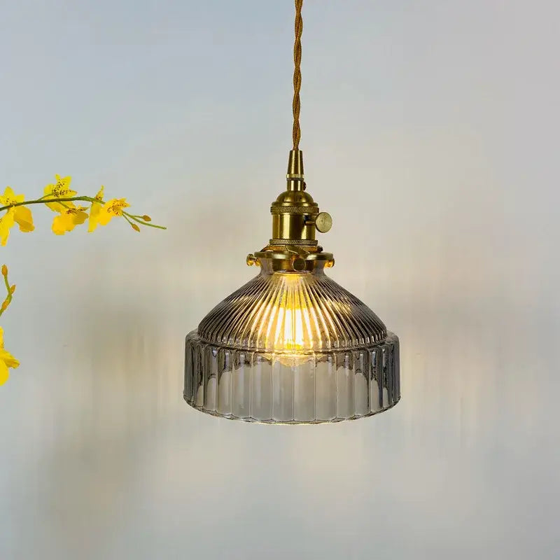 Vintage ribbed green glass hanging lamp with brass pendant light fixture and smoked ridged glass shade decorbites glass hanging