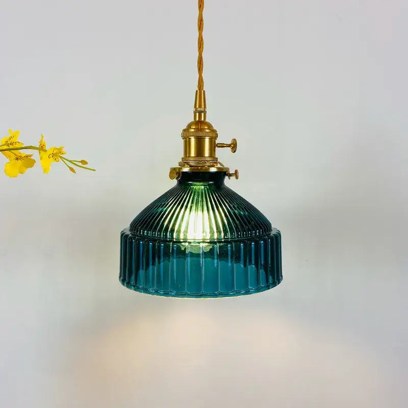 Teal-green ribbed glass pendant light with brass fixture and twisted cord vintage decorbites glass hanging lamp