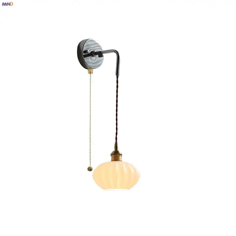 Vintage wall lamp with warm ribbed opal glass shade and brass decorbites ceramic canopy led for bedroom lighting