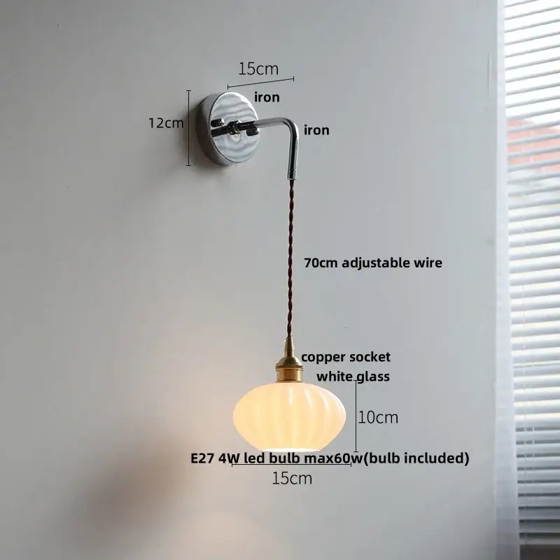 Vintage wall lamp with polished iron bracket, adjustable copper wire, white glass shade, decorbites ceramic canopy led