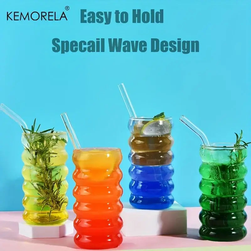 Colorful translucent vintage ribbed wave shape beverage glasses with wavy segmented design and clear straws