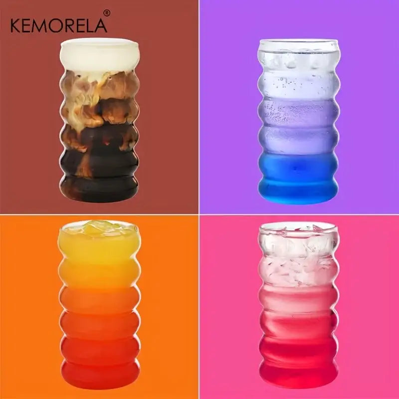 Kemorela vintage ribbed wave shape beverage glasses with colorful layered liquids and frosted white rim tumblers set