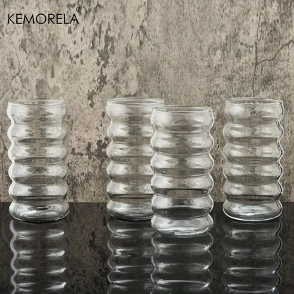 Clear glass vintage ribbed wave shape beverage glasses with segmented design for kitchen tumbler set