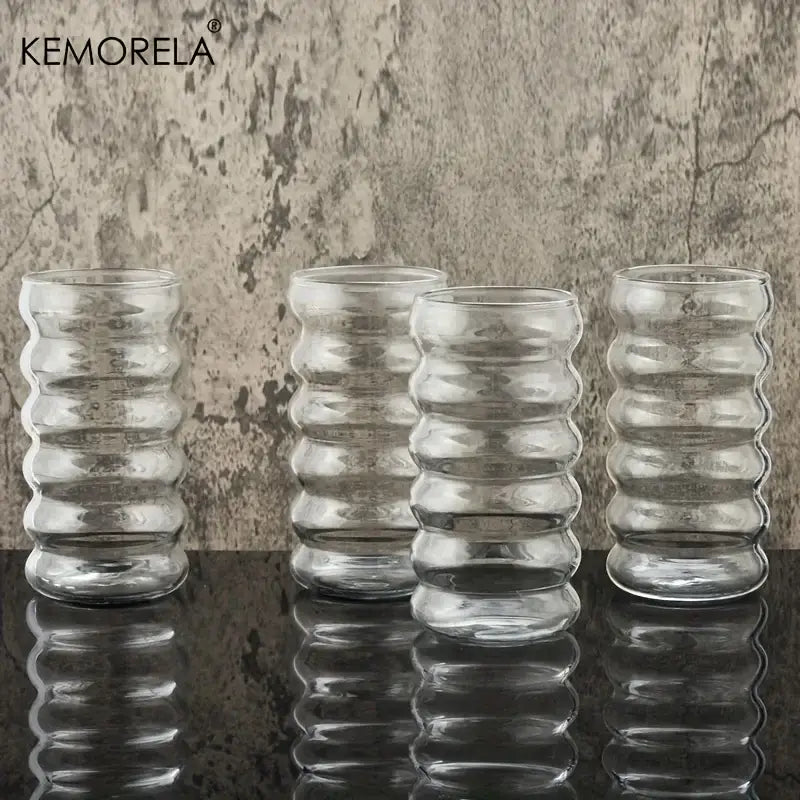 Clear glass vintage ribbed wave shape beverage glasses with segmented design for kitchen tumbler set