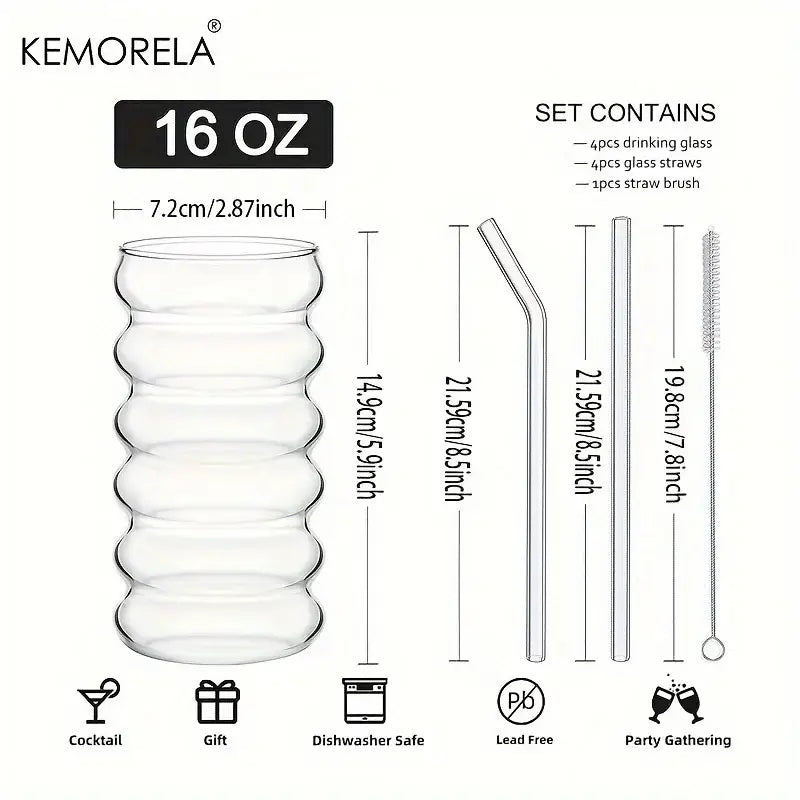 Clear 16 oz glass tumbler with a vintage ribbed wave shape design in a kitchen wave shape beverage glass set