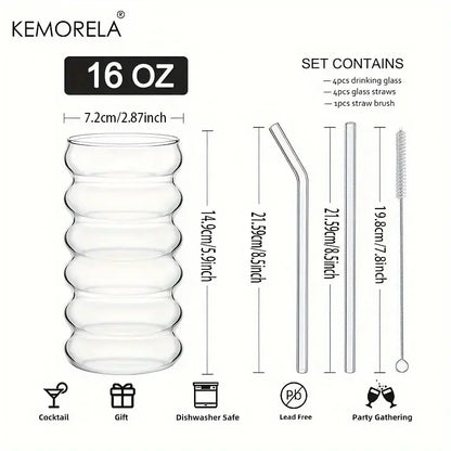 Clear 16 oz glass tumbler with a vintage ribbed wave shape design in a kitchen wave shape beverage glass set