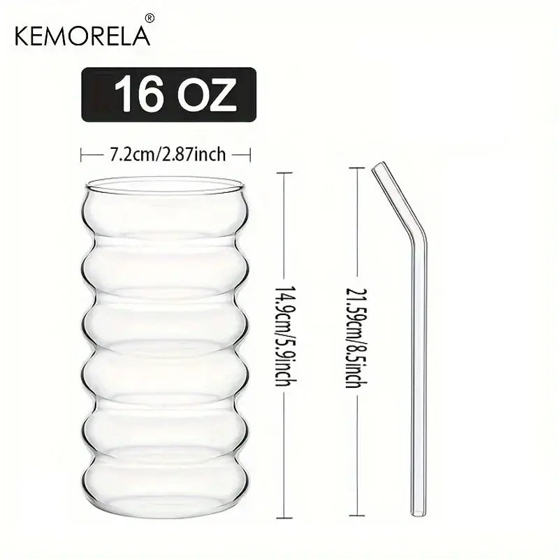 Clear glass vintage ribbed wave shape beverage tumbler with segmented design and matching clear curved straw