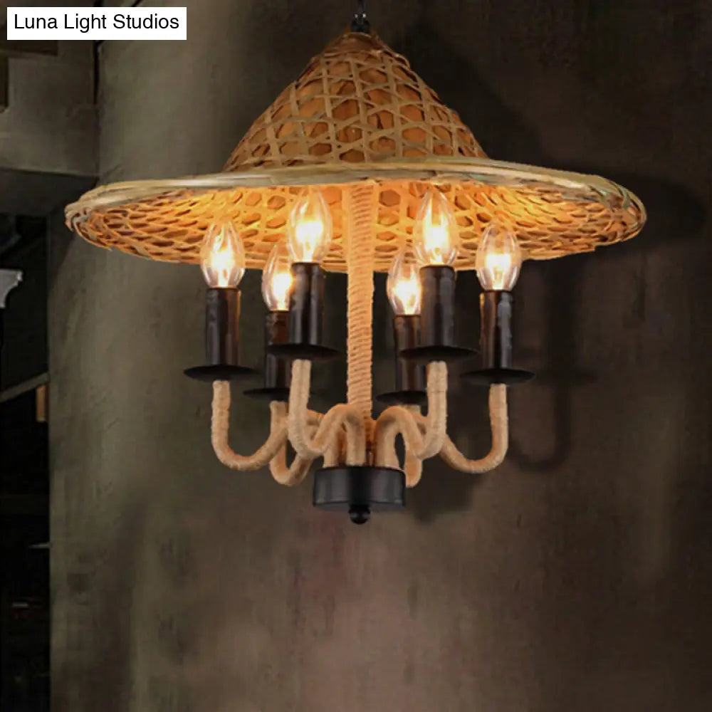 Vintage Rope 6-Light Black Candle Pendant Chandelier for Dining Room - Elegant Hanging Fixture